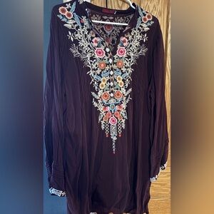 Johnny Was Burgundy Dress with Multicolor Embroidery